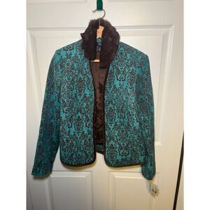 Parisian Signature Teal Brown Damask Jacket Faux Fur Collar Womens Blazer